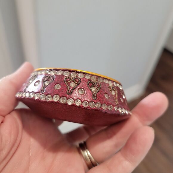 Vintage Pier 1 Jeweled Trinket Box Round Hexagon Jewelry Small 3x3x1 Maroon Boho - Picture 6 of 10